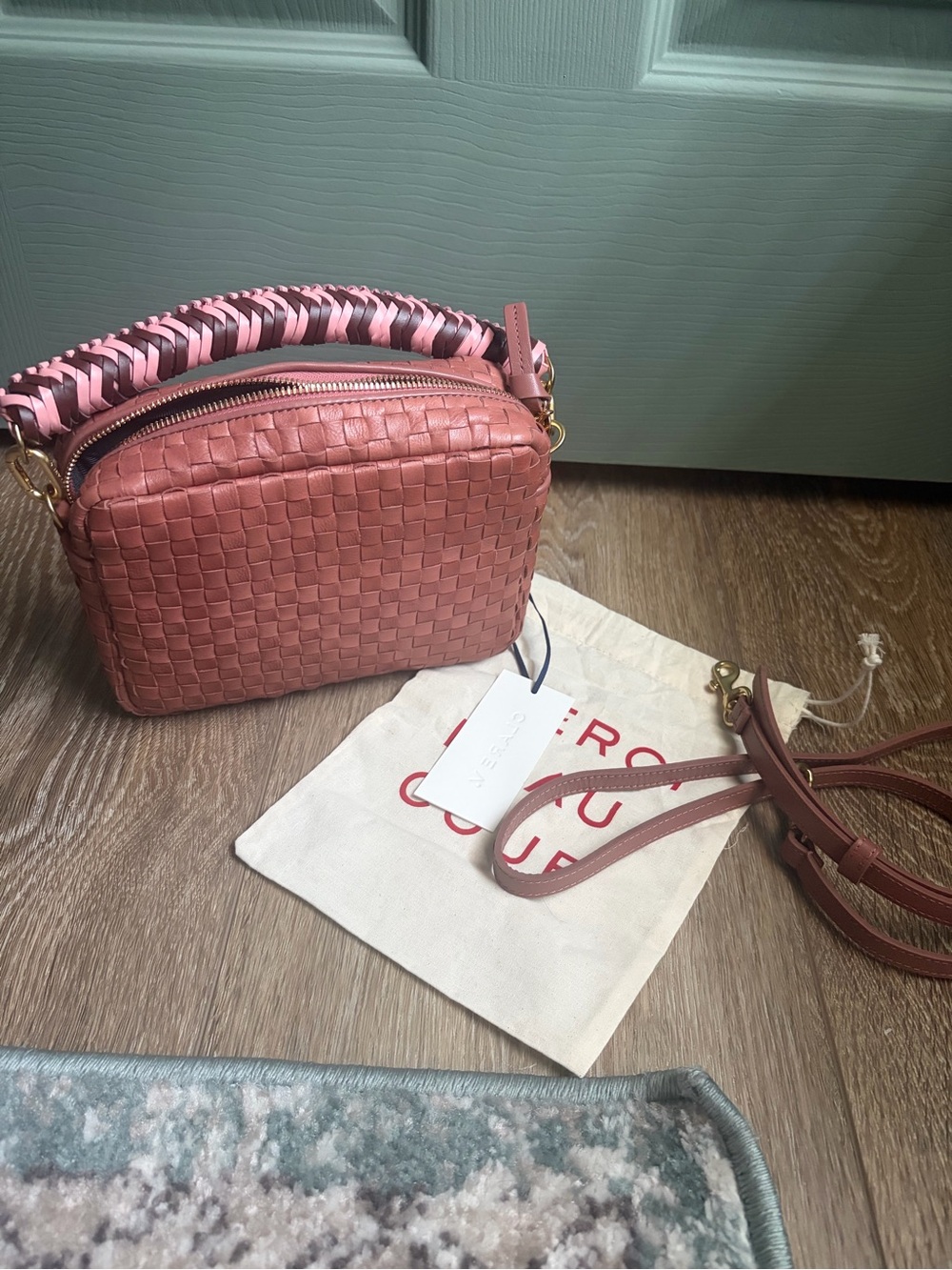 Clare V Midi Sac in Rose Clay woven Leather with Braided Top Handle Strap